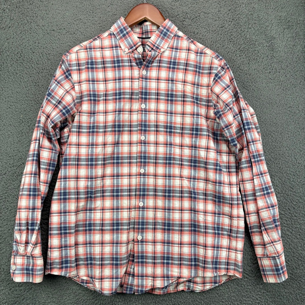 Hart Schaffner Marx Mens Medium Linen Cotton Plaid Button Down Shirt Coral Blue